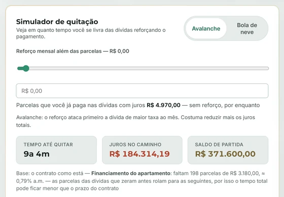 Simulador de quitação do Meu Plano com dados fictícios: escolha entre avalanche e bola de neve, reforço mensal, tempo até quitar, juros no caminho e saldo de partida.