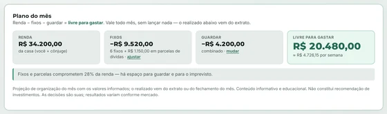 Cartão Plano do mês do Meu Plano com dados fictícios: renda, fixos, valor a guardar e o que fica livre para gastar no mês.