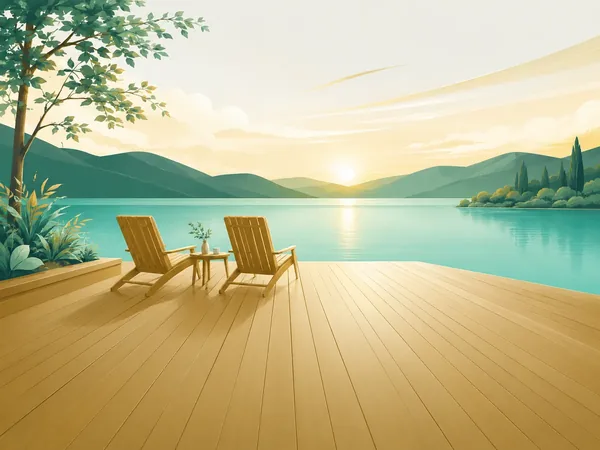 Deck de madeira com duas espreguiçadeiras diante de um lago ao pôr do sol.