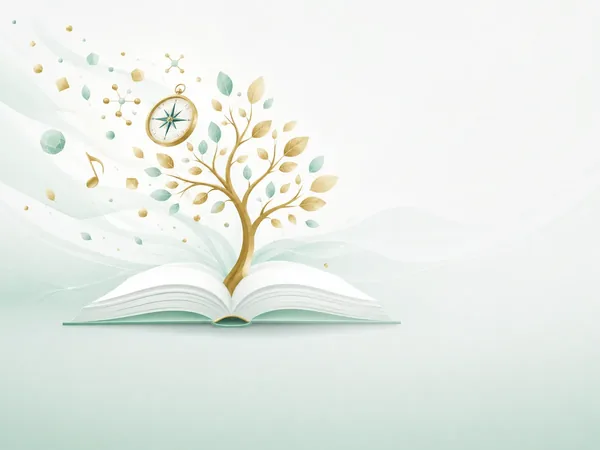 Livro aberto do qual nasce uma árvore dourada.