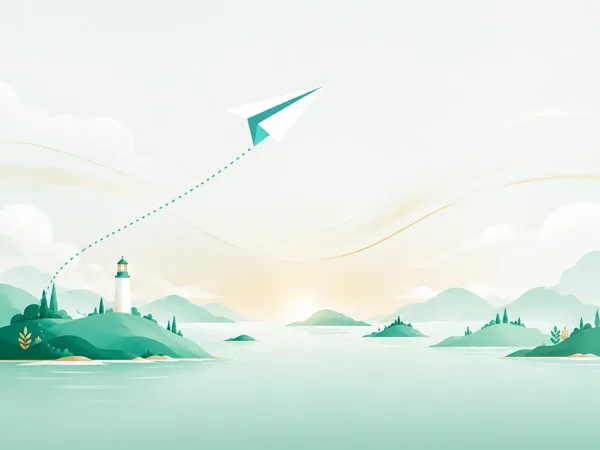 Avião de papel com rastro pontilhado sobre ilhas e um farol.