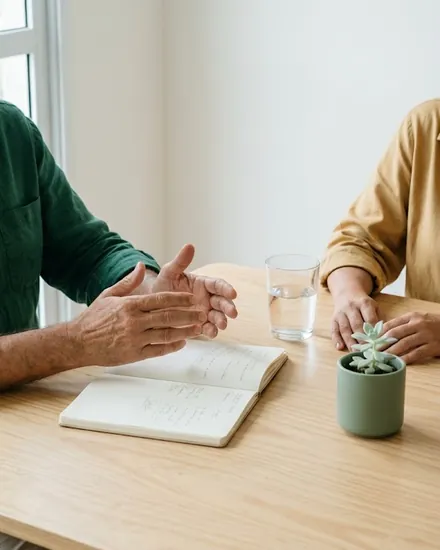 Duas pessoas conversam numa mesa de madeira clara, com um caderno aberto e um vaso pequeno; os rostos não aparecem.