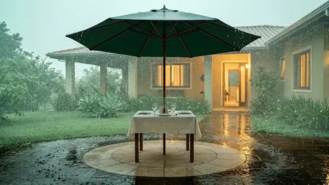 Mesa posta sob um guarda-sol verde no jardim, com a chuva caindo em volta e a casa iluminada ao fundo.
